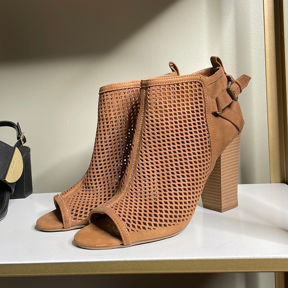 G by Guess Open-Toe Bootie Heels - Tan